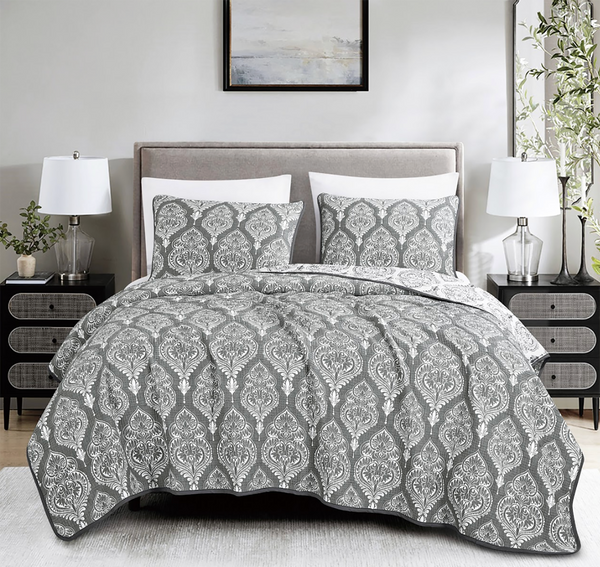 3 Piece White Grey Modern Cotton Blend Quilt Bedspread