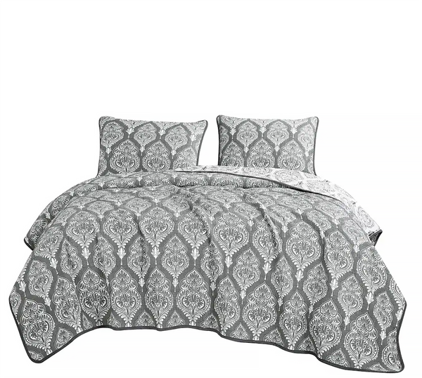 3 Piece White Grey Modern Cotton Blend Quilt Bedspread