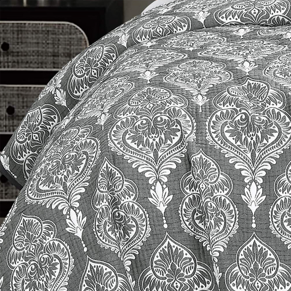 3 Piece White Grey Modern Cotton Blend Quilt Bedspread