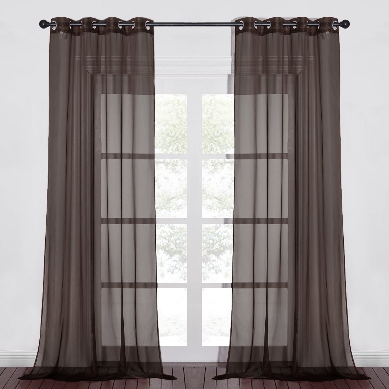 Chocolate Brown Sheer Window Grommet Curtain Set 84" Inches Long ( 2 Panels)