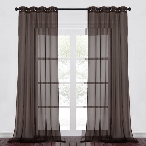 Chocolate Brown Sheer Window Grommet Curtain Set 84" Inches Long ( 2 Panels)