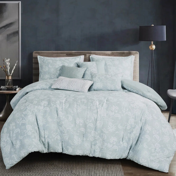 7 Piece Blue Floral Modern Comforter Set Soft Bedding