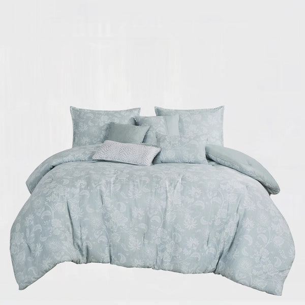7 Piece Blue Floral Modern Comforter Set Soft Bedding