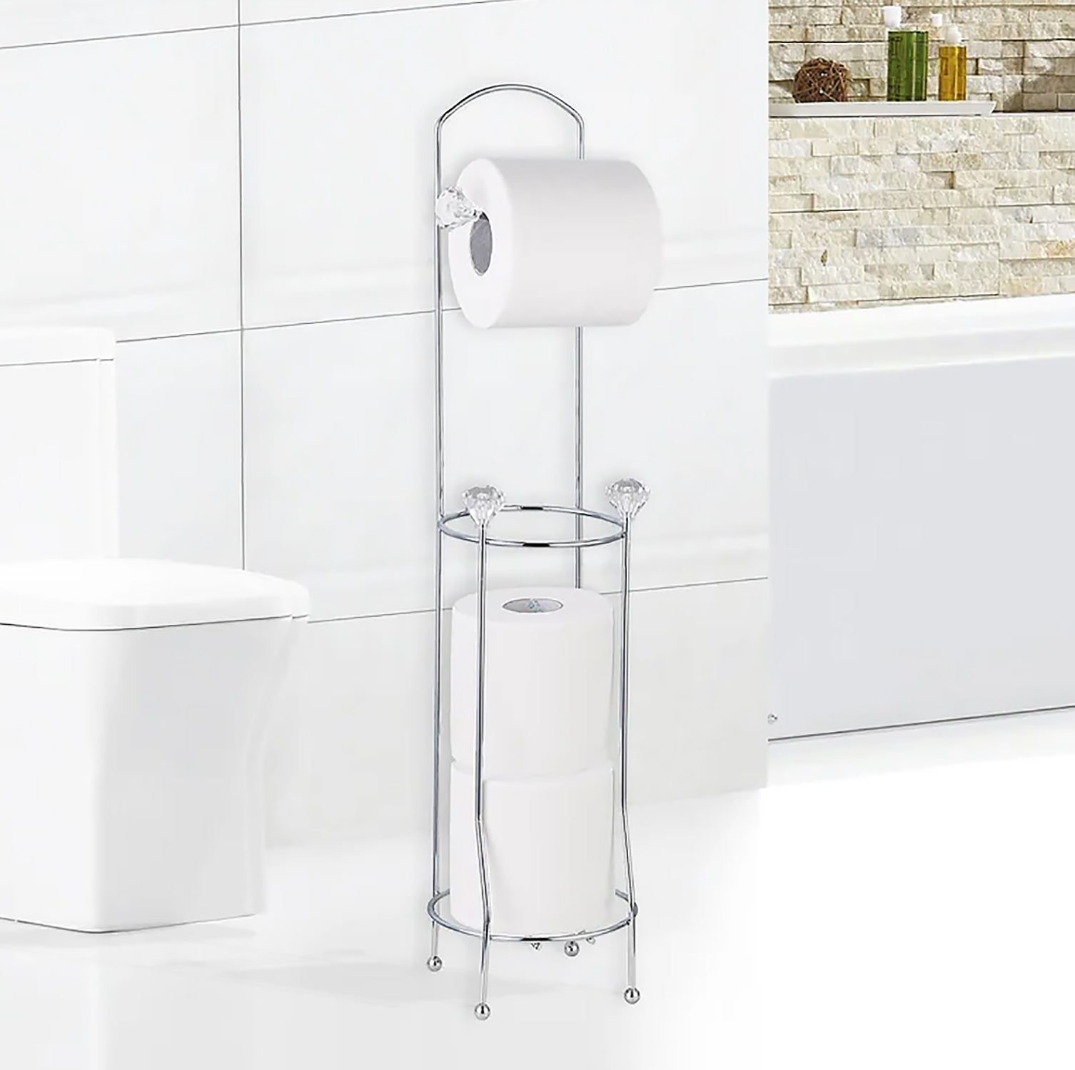 26" Tall - Silver Metal Toilet Paper Storage Stand Holder with Crystal Accents