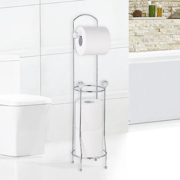 26" Tall - Silver Metal Toilet Paper Storage Stand Holder with Crystal Accents