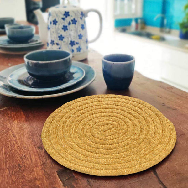 Gold Extra Thick Woven Trivet Round Placemats Natural Cotton Hot Potholder Mat Heat Resistant - 8"x8"(Pack of 4)