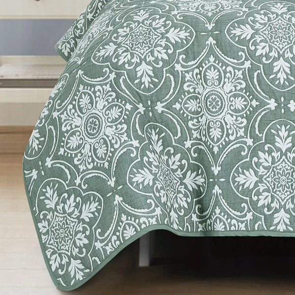 3 Piece Green Modern Cotton Blend Quilt Bedspread