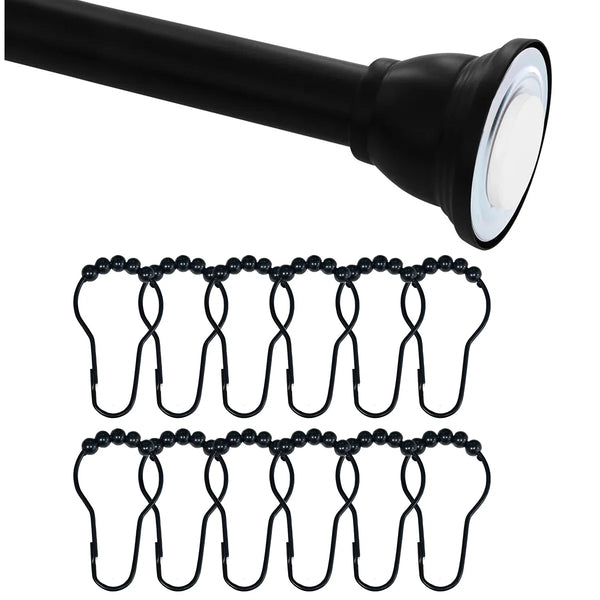 42"-72" Matte Black Regent Metal Shower Curtain Tension Rod Rust Resistant Non-Slip - 12 Hooks Included
