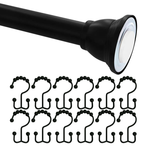 42"-72" Matte Black Non-Slip Metal Shower Curtain Regent Tension Rod Rust Resistant - 12 Hooks Included