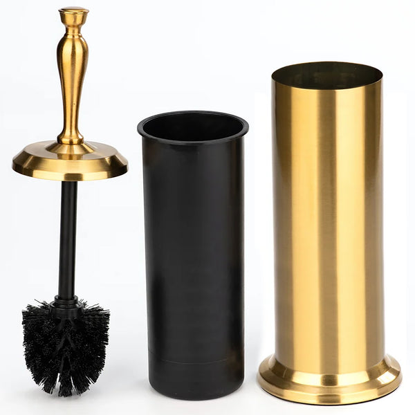 15" Tall Stainless Steel Gold Toilet Brush Set with Holder