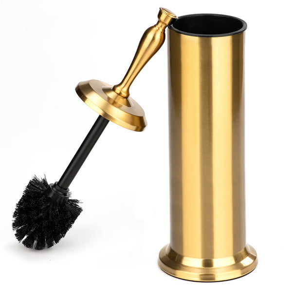 15" Tall Stainless Steel Gold Toilet Brush Set with Holder