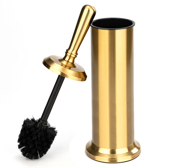 15" Tall Stainless Steel Gold Toilet Brush Set with Holder