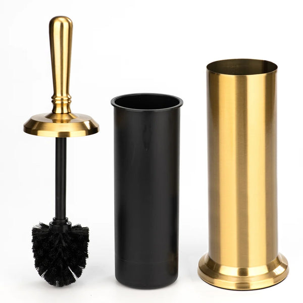 15" Tall Stainless Steel Gold Toilet Brush Set with Holder