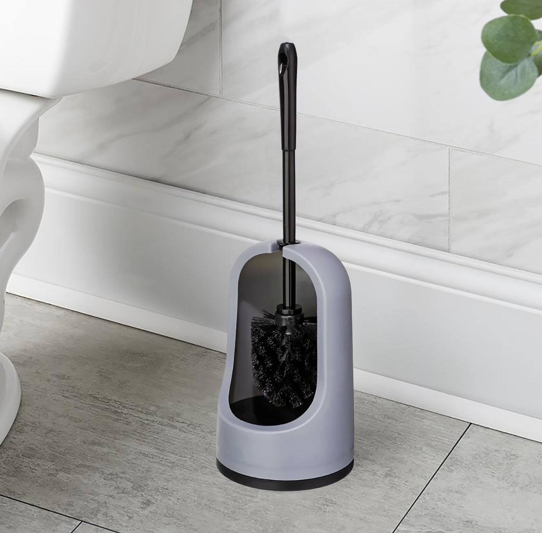 15" Long - Grey Plastic Toilet Bowl Brush with Holder