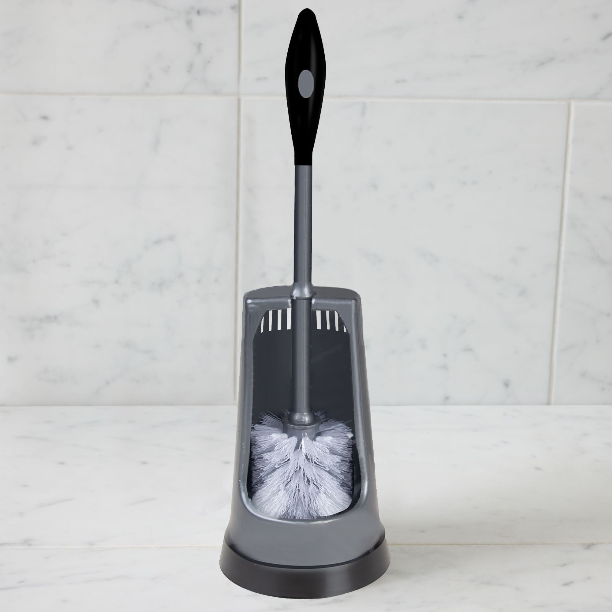 15" Long - Grey Plastic Toilet Bowl Brush with Holder