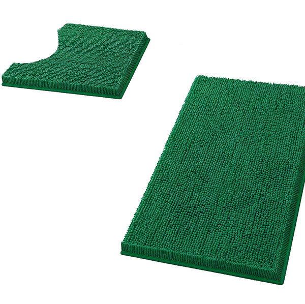 2pc Chenille Bath Mat Set, 20"x30" Rectangular Rug and 20"x20" Contour Toilet Mat, Hunter Green