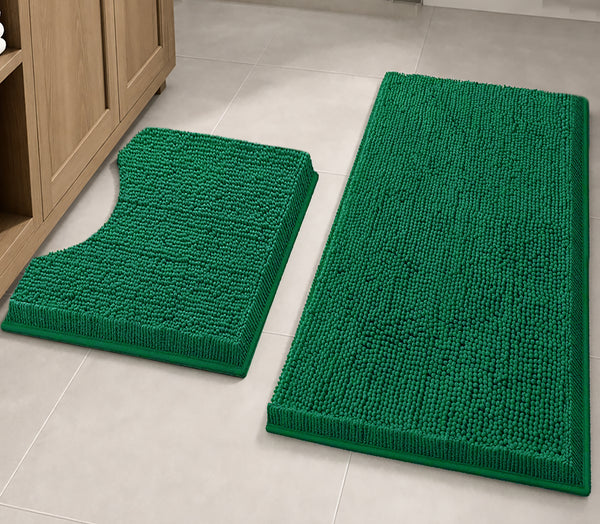 Large 2 Piece Set Hunter Green Soft Cozy Plush Chenille Bath Mat Bathroom Rug