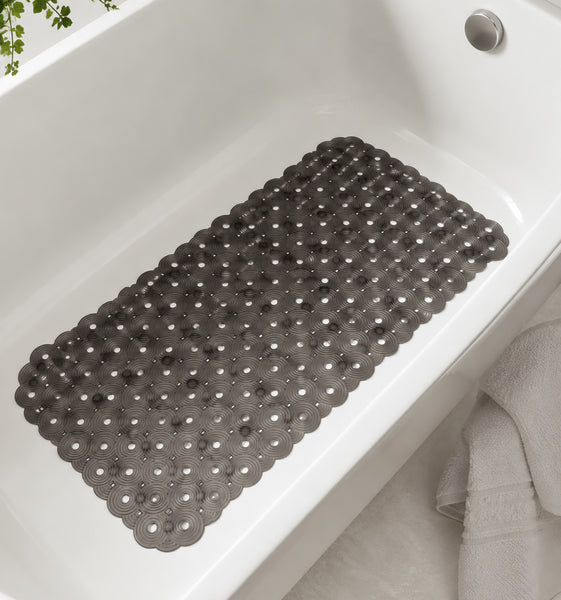 Grey Transparent Geometric Circles Vinyl Non-Slip Bathtub Shower Mat With Suction Cups -27" x 14.6"