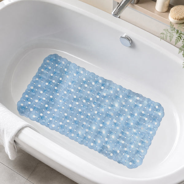 Blue Transparent Geometric Circles Vinyl Non-Slip Bathtub Shower Mat With Suction Cups -27" x 14.6"