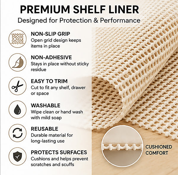Non-Slip Shelf Liner Roll for Cabinets & Drawers, Non-Adhesive Open Grid Cabinet Liner, Trim-to-Fit, Beige, 24 in. x 164 ft.