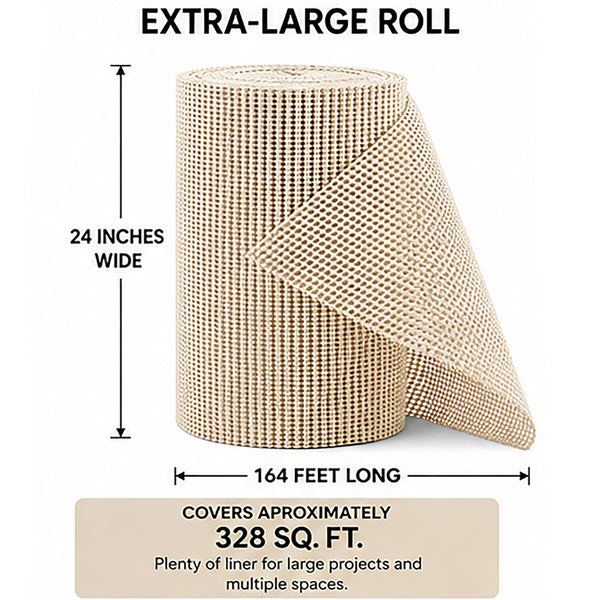 Non-Slip Shelf Liner Roll for Cabinets & Drawers, Non-Adhesive Open Grid Cabinet Liner, Trim-to-Fit, Beige, 24 in. x 164 ft.