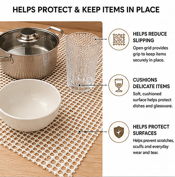 Non-Slip Shelf Liner Roll for Cabinets & Drawers, Non-Adhesive Open Grid Cabinet Liner, Trim-to-Fit, Beige, 24 in. x 164 ft.