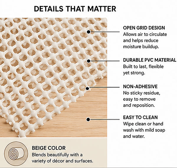 Non-Slip Shelf Liner Roll for Cabinets & Drawers, Non-Adhesive Open Grid Cabinet Liner, Trim-to-Fit, Beige, 24 in. x 164 ft.