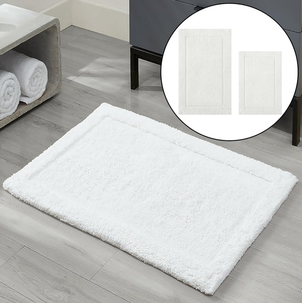 2 Piece Set White Solid Border Plush Soft Cozy Bath Mat Set
