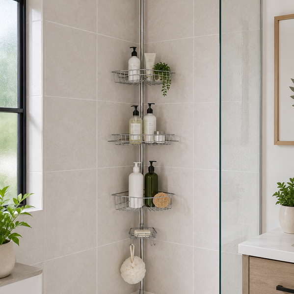 4-Tier Satin Grey Corner Tension Pole Shower Caddy