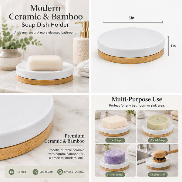 White Beige Bamboo & Ceramic Soap Bar Dish Holder - 2 Pack