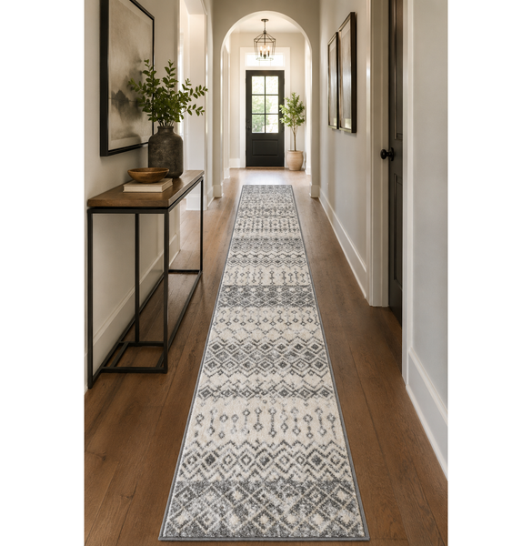 Ivory/Gray Moroccan Inspired Long Hallway Geometric Runner Rug - 3'3" x 16'