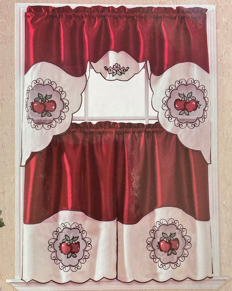 Burgundy Red Apples Embroidery Kitchen Curtain 3PC Set Swag & Tiers Set