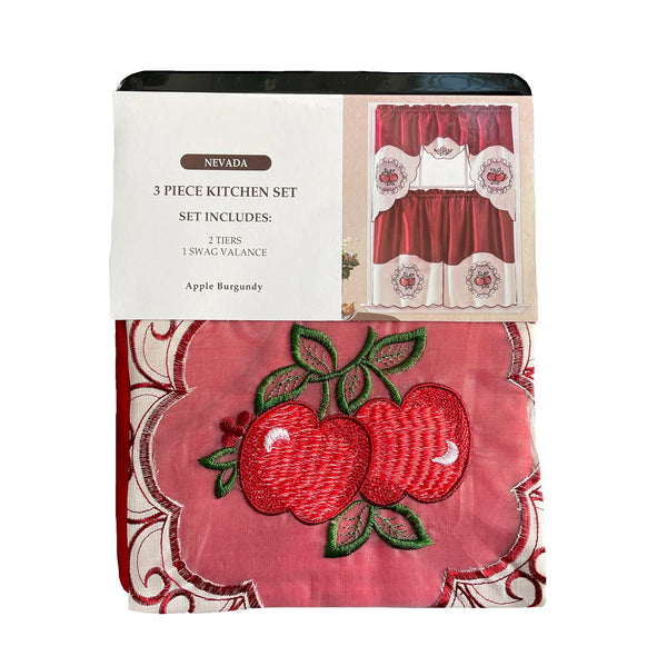 Burgundy Red Apples Embroidery Kitchen Curtain 3PC Set Swag & Tiers Set