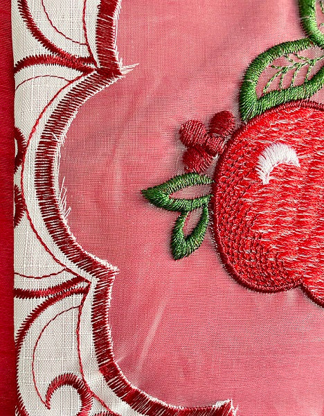 Burgundy Red Apples Embroidery Kitchen Curtain 3PC Set Swag & Tiers Set
