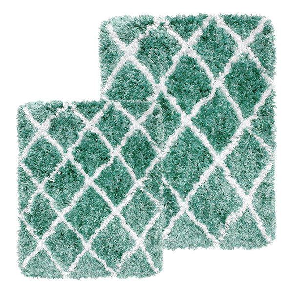 Aqua Blue 2 Piece Trellis Plush Thick Soft Cozy Microfiber Bath Mat Set