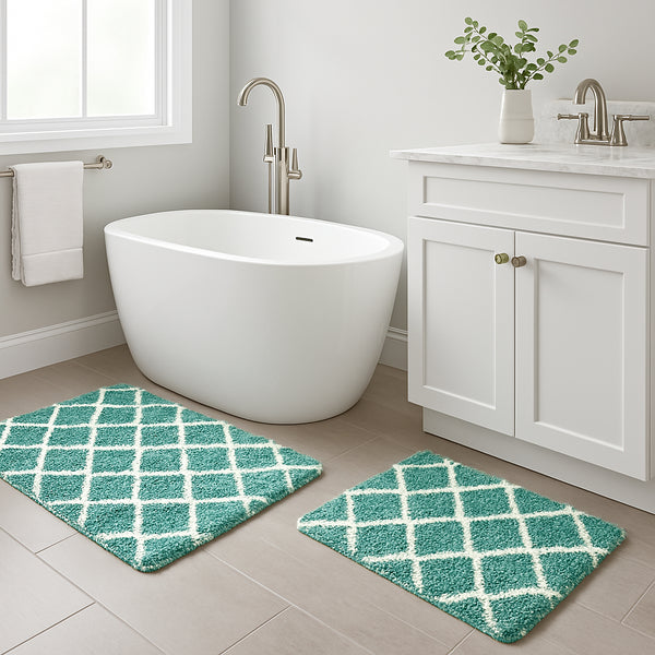 Aqua Blue 2 Piece Trellis Plush Thick Soft Cozy Microfiber Bath Mat Set