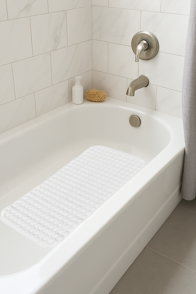 White Geometric Circles Vinyl Non-Slip Bathtub Shower Mat With Suction Cups -27" x 15"