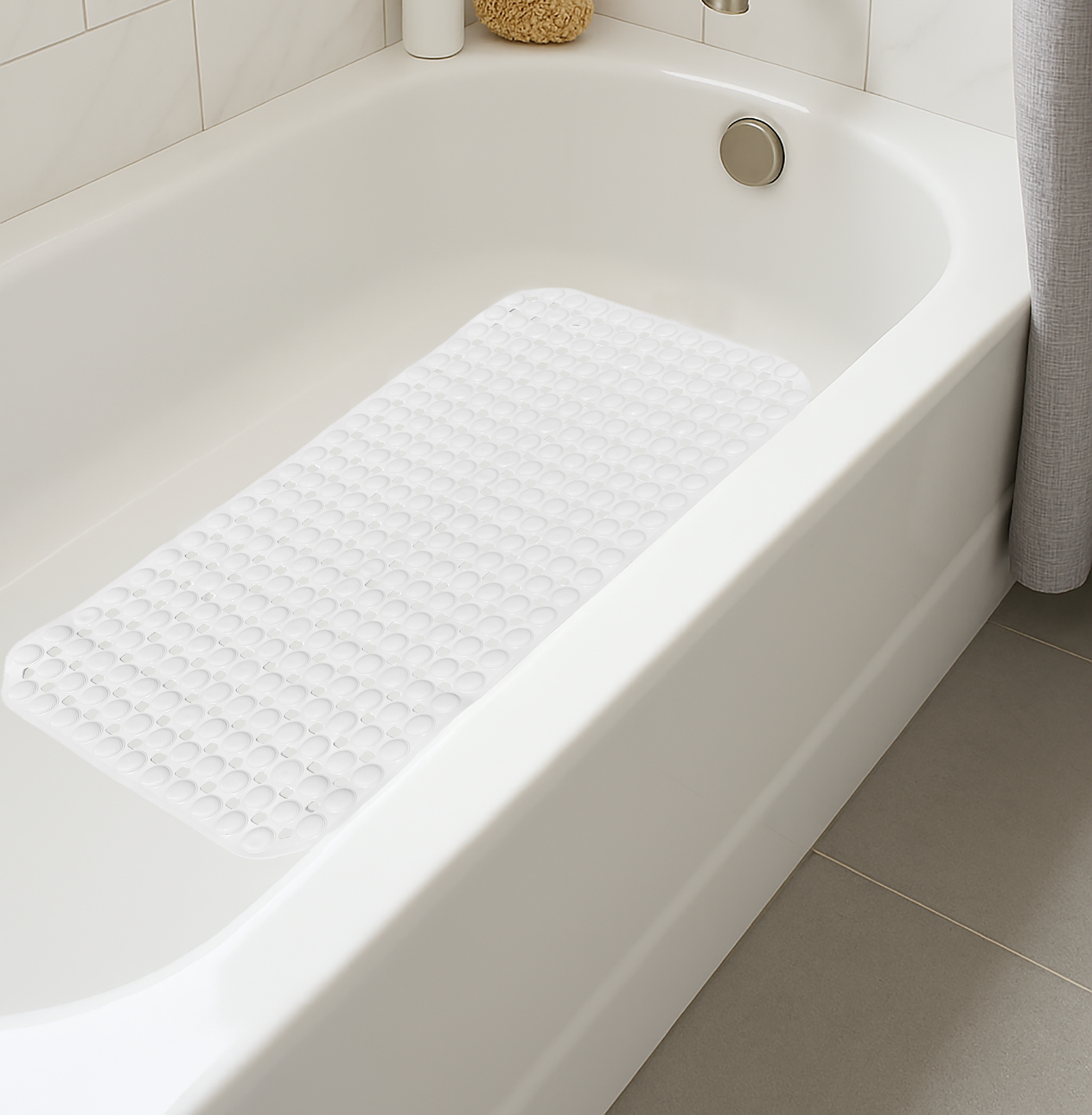 White Geometric Circles Vinyl Non-Slip Bathtub Shower Mat With Suction Cups -27" x 15"