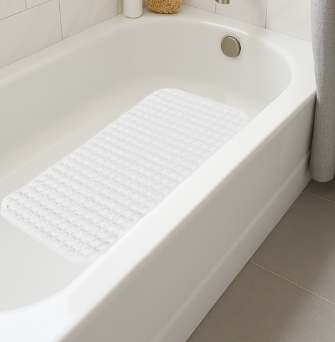 White Geometric Circles Vinyl Non-Slip Bathtub Shower Mat With Suction Cups -27" x 15"