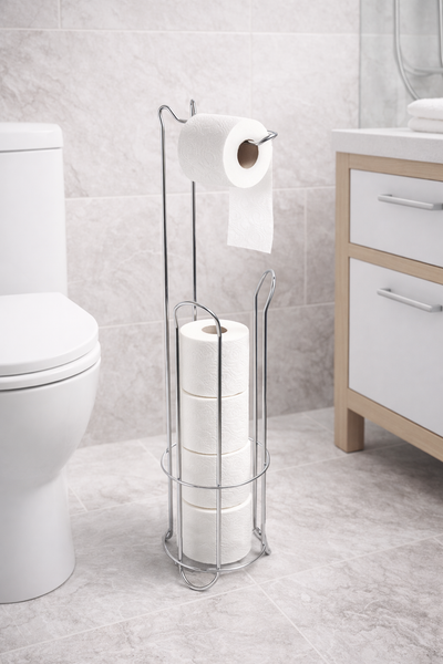 24" Tall - Silver Metal Toilet Paper Storage Stand Holder