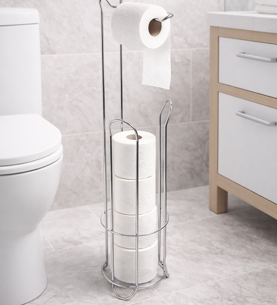 24" Tall - Silver Metal Toilet Paper Storage Stand Holder