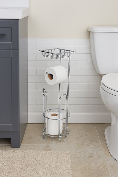 20" Tall - Silver Toilet Paper Holder Stand With Phone/Wipes Shelf