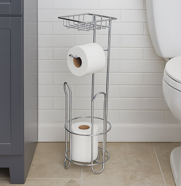 20" Tall - Silver Toilet Paper Holder Stand With Phone/Wipes Shelf