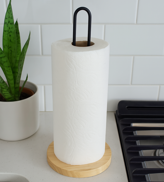 13" Tall - Matte Black Iron & Bamboo Paper Towel Holder
