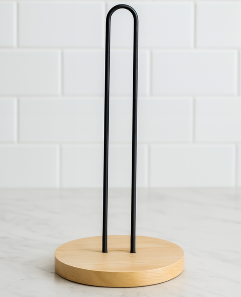 13" Tall - Matte Black Iron & Bamboo Paper Towel Holder