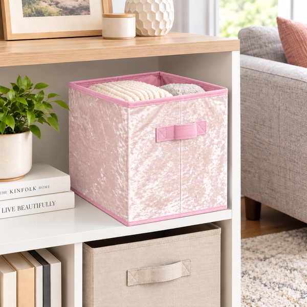 4 Pack Set Pink Velvet Collapsible Foldable Soft Plush Fabric Organizer Basket Storage Cube Bin Container - 10" Tall