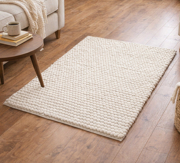2x3 Feet Ivory Cream Chunky Beads Hand-Woven Handmade Wool Natural Door Mat Area Rug