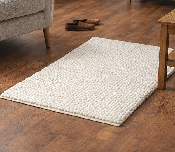 2x3 Feet Ivory Cream Chunky Beads Hand-Woven Handmade Wool Natural Door Mat Area Rug