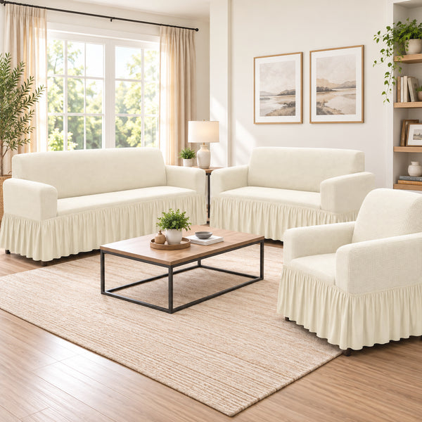 Beige 3-Piece Set 4-Way Stretch Ruffled Skirt Slipcover Sofa Loveseat & Armchair Cover Protector