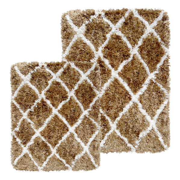 Beige 2 Piece Trellis Plush Thick Soft Cozy Microfiber Bath Mat Set